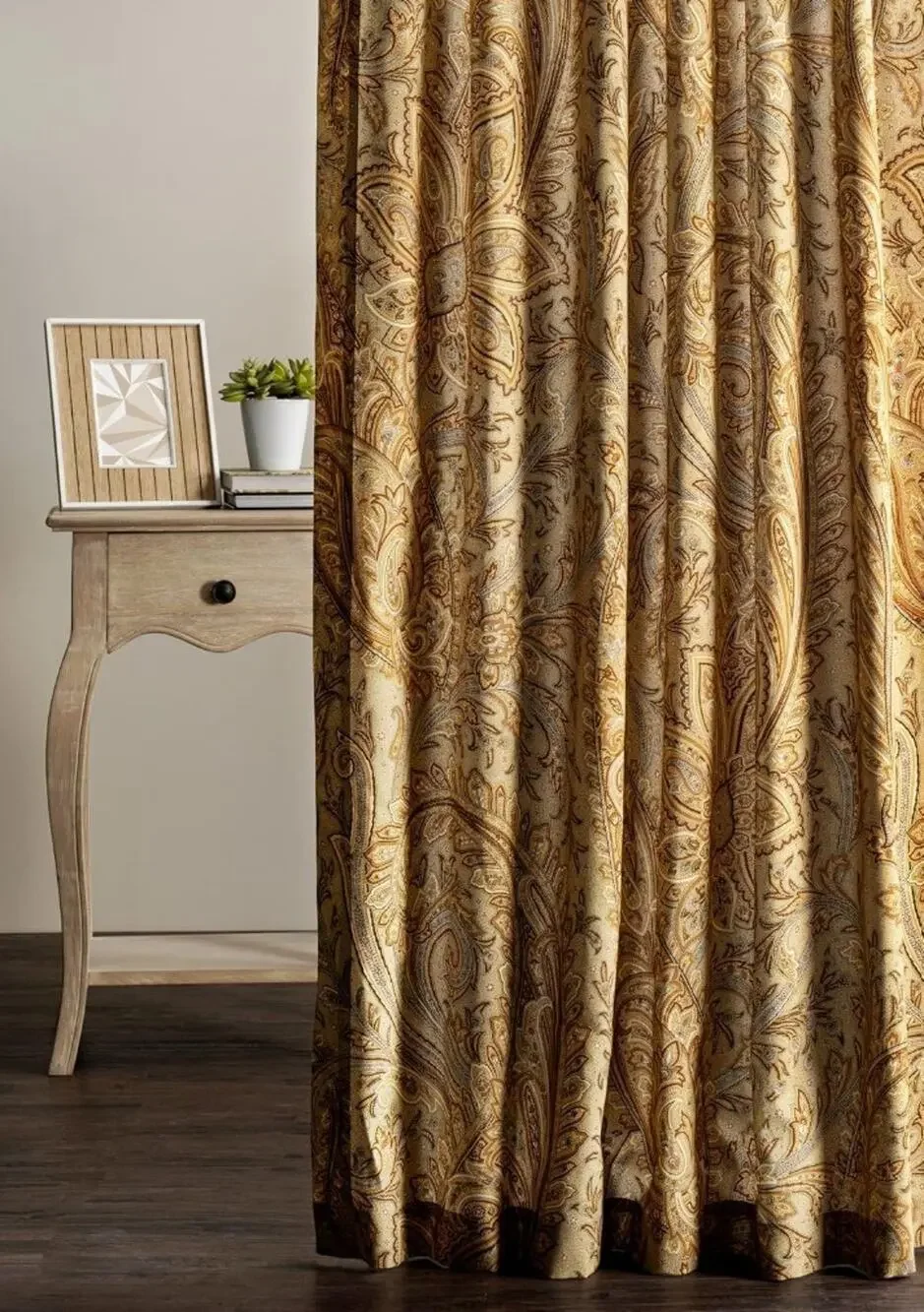 Pair Maison D'Hermine Cotton Paisley Drapes Curtains 84 Long Gold Tan 2 Panels